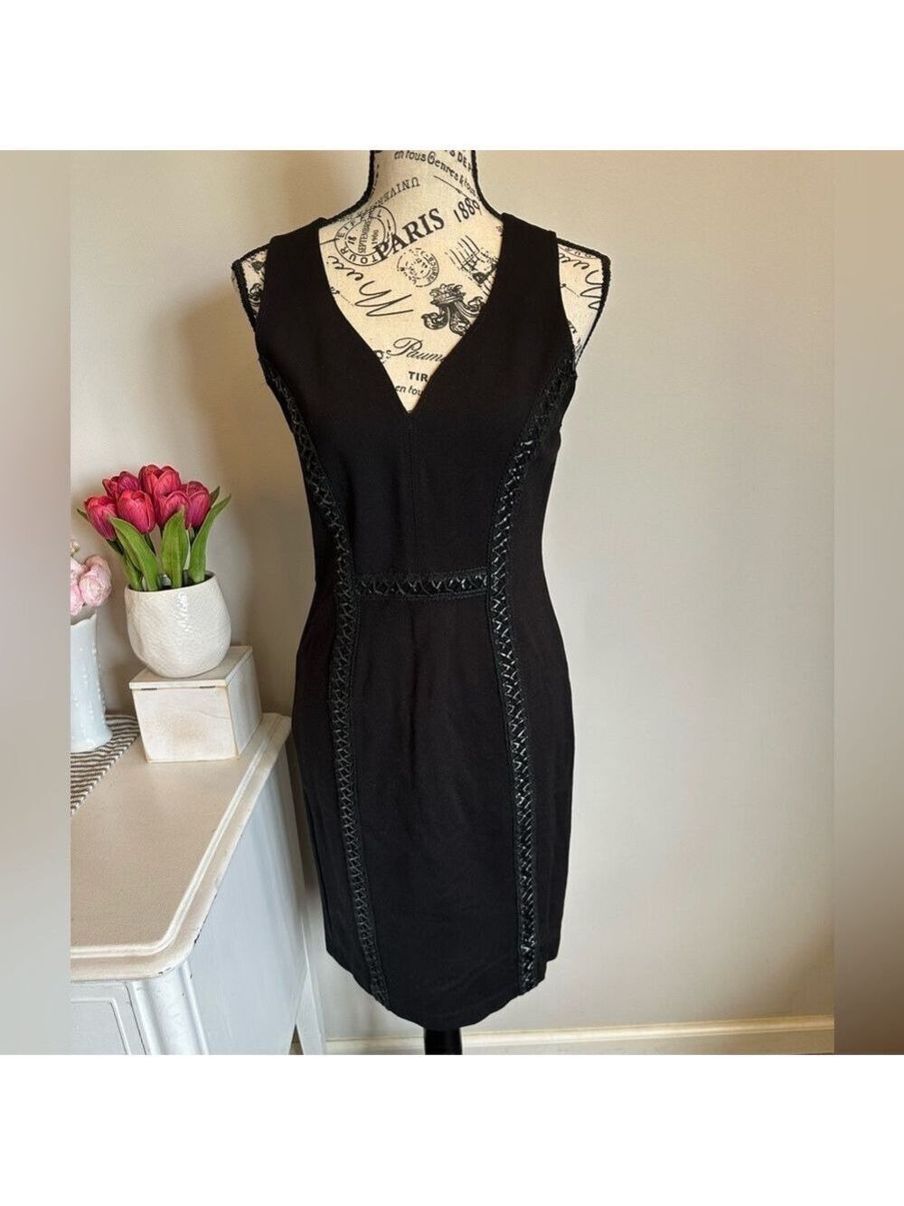 Catherine Malandrino Black Stretchy Dress with Faux Leather Detail Size 4